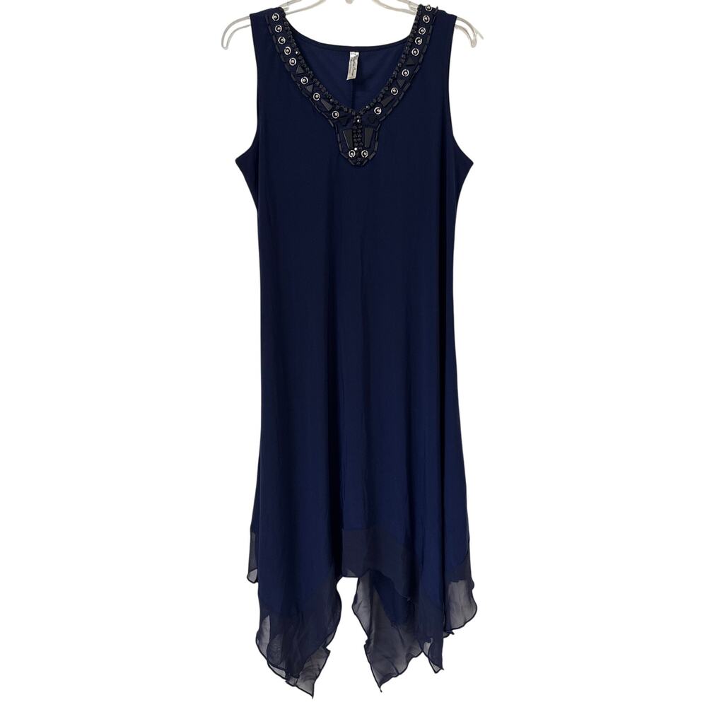 PerSeption Concept, Large, Embellished Navy Blue Asymmetrical, Sheer Hem Dress